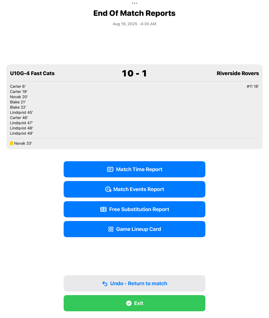 La pantalla de informes del partido: un resumen de goleadores y tarjetas, y luego botones para el informe de tiempo de juego, el informe de sucesos, el Free Substitution Report y el Game Lineup Card.